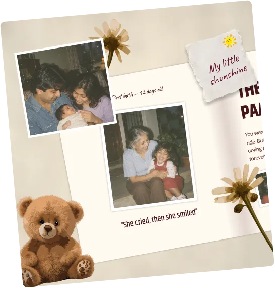 A handcrafted storybook spread with photos and captions